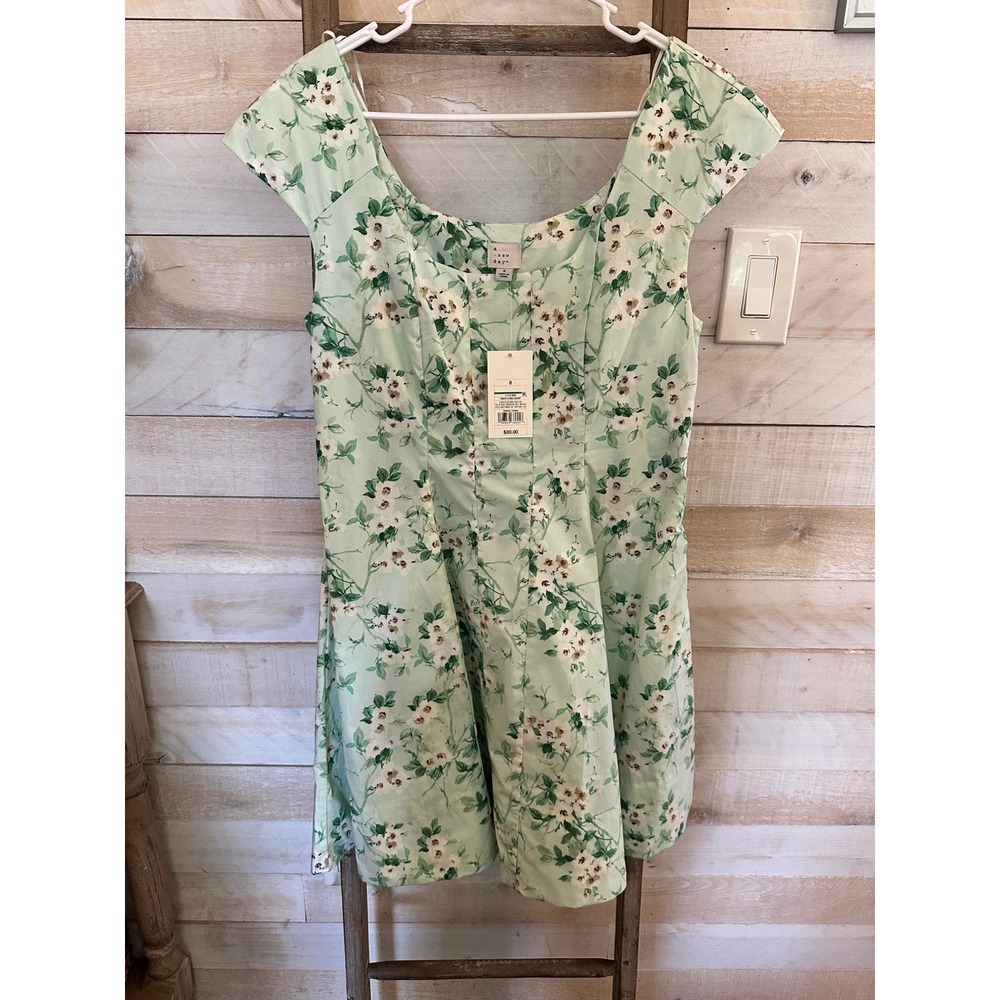 A New Day Mint Green Floral Fit and Flare Dress Size 8 Cap Sleeve Mini